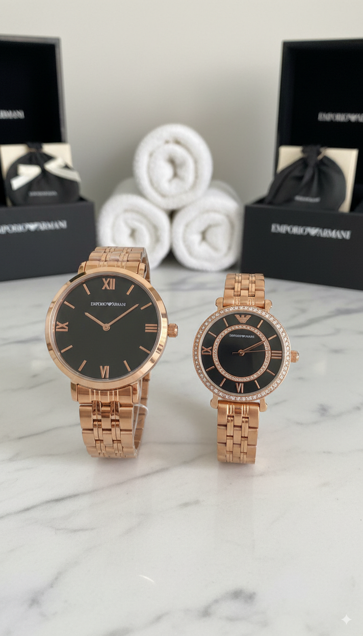 Couple Emporio Armani Rose Gold-Tone Watches in Box