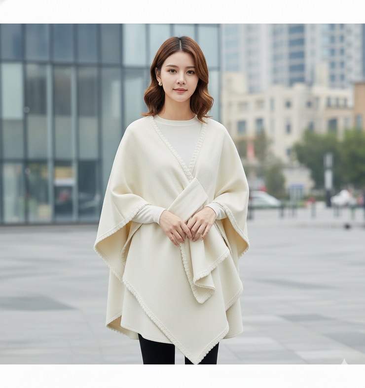 Women’s Winter Woolen Poncho Shawl With Lace Border