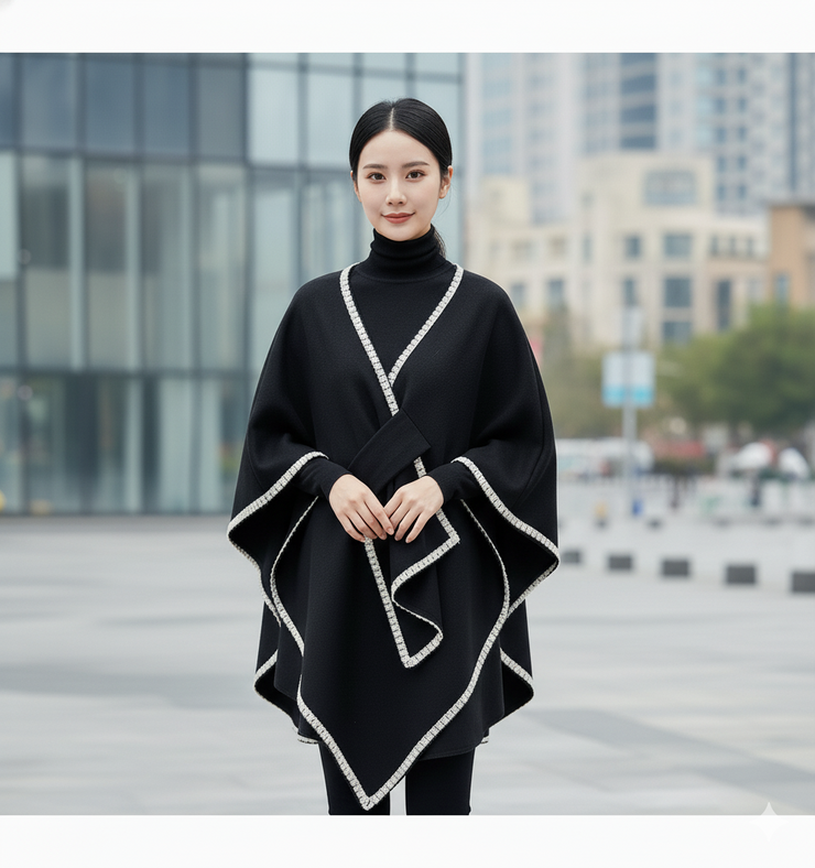 Women’s Winter Woolen Poncho Shawl With Lace Border