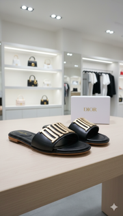 Dior-Inspired Black Sandals with Gold "DIOR" Logo