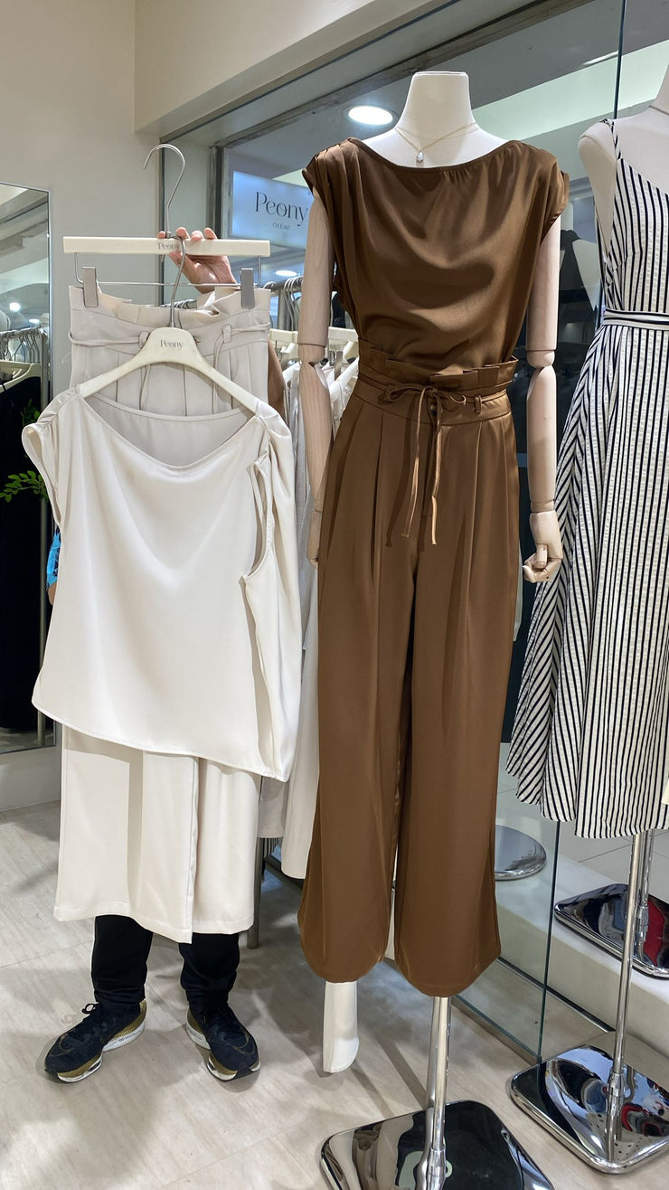 Women’s One-Shoulder Belted Wide-Leg Jumpsuit - Brown