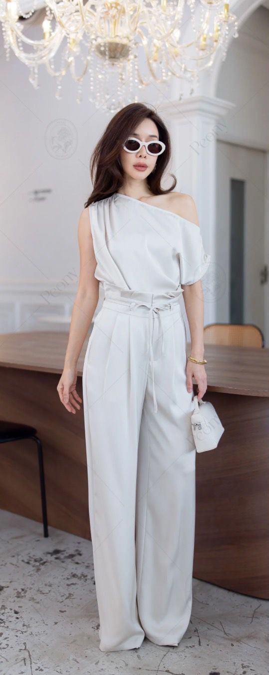 Women’s One-Shoulder Belted Wide-Leg Jumpsuit - White