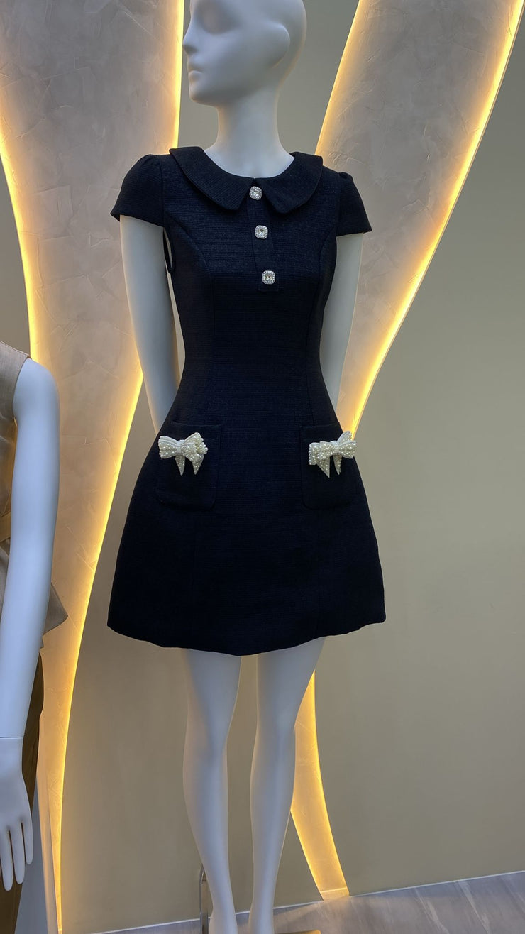 Women’s Black Mini Dress with Pearl Bow Accents