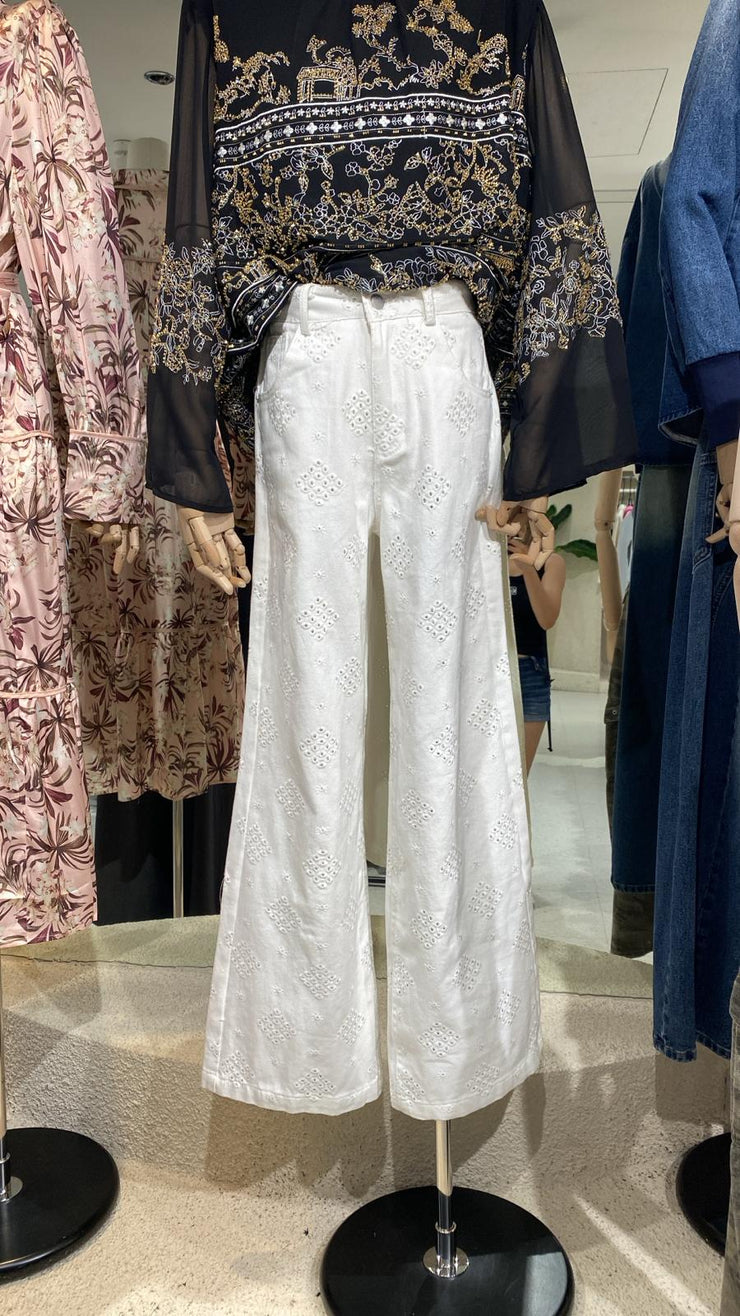 Women’s White Embroidered Wide-Leg Pants