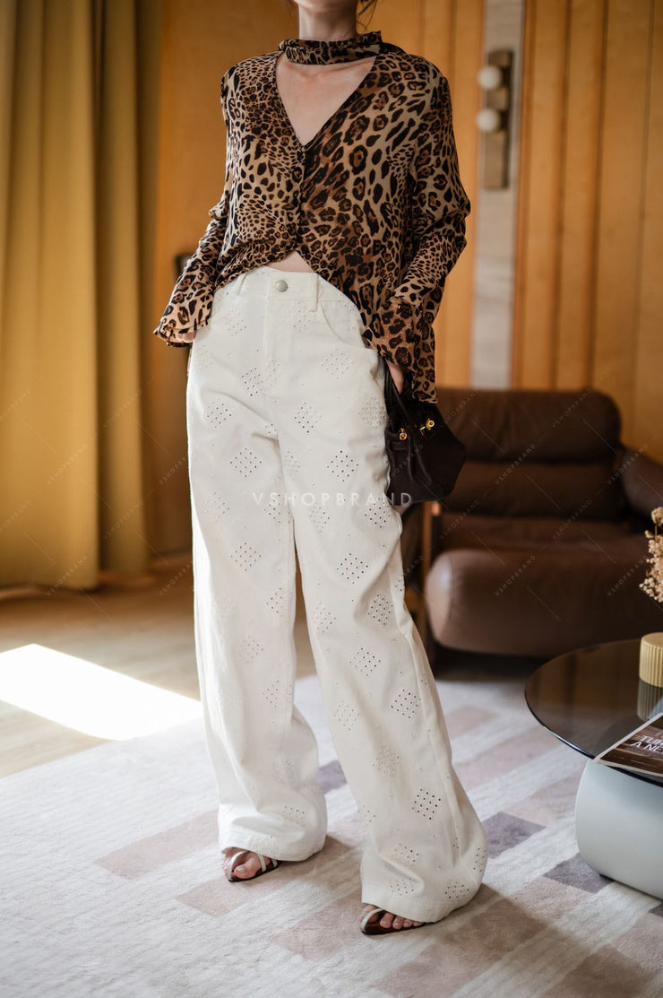 Women’s White Embroidered Wide-Leg Pants