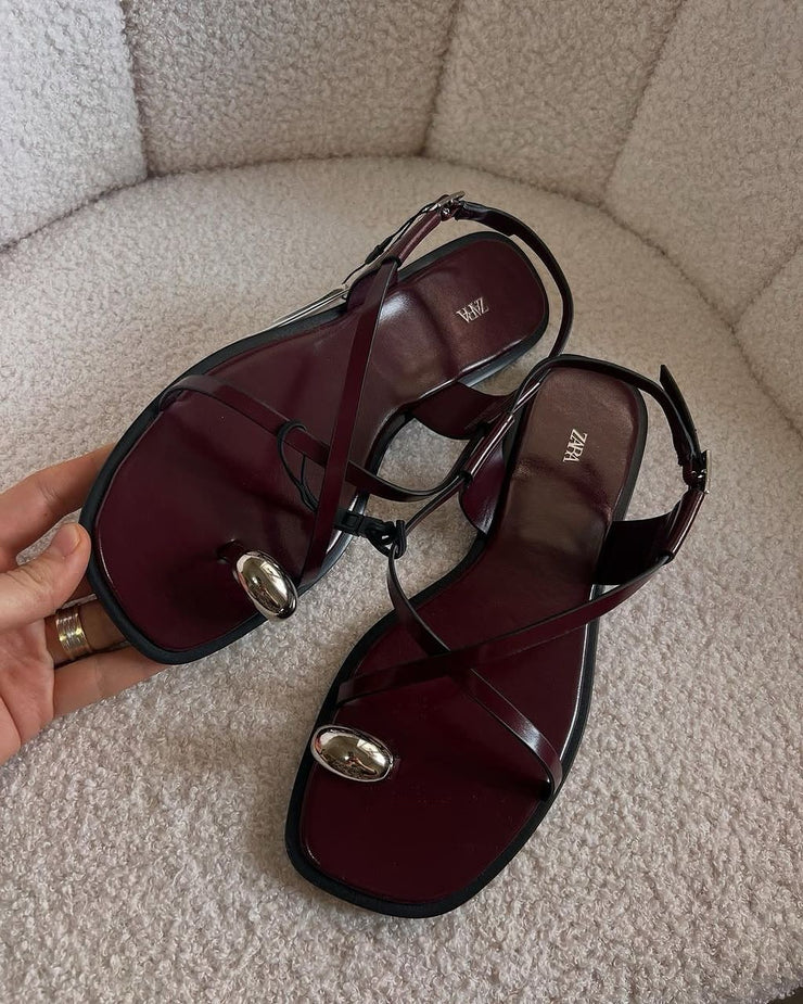 ZARA burgundy strappy flat sandals