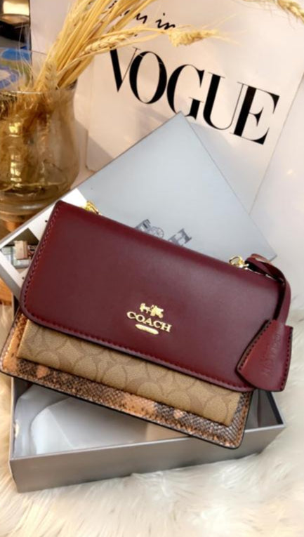 Coach Signature Leather Crossbody Bag - Burgundy/Khaki