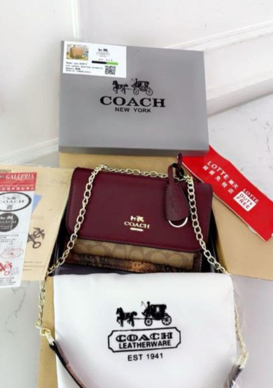 Coach Signature Leather Crossbody Bag - Burgundy/Khaki