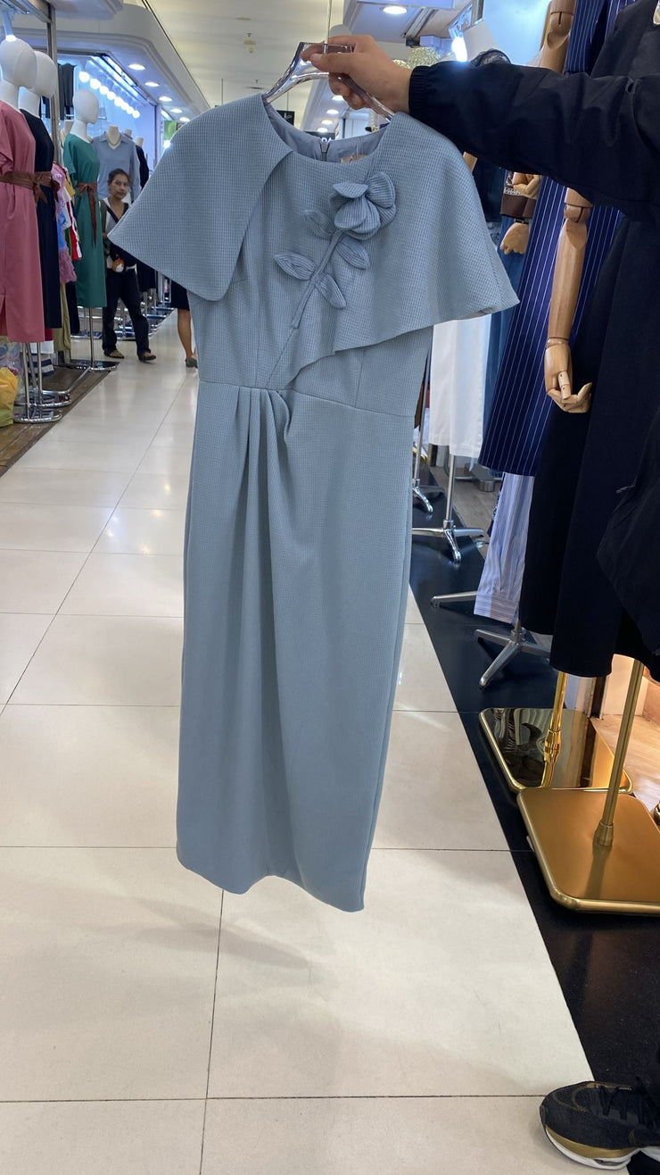 Elegant cape-shoulder midi sheath dress with floral applique