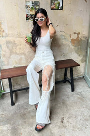 Trendy White Pearl Detailed Wide-Leg Pants for Women