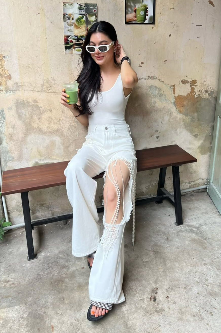 Trendy White Pearl Detailed Wide-Leg Pants for Women