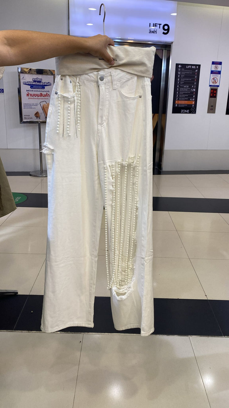Trendy White Pearl Detailed Wide-Leg Pants for Women