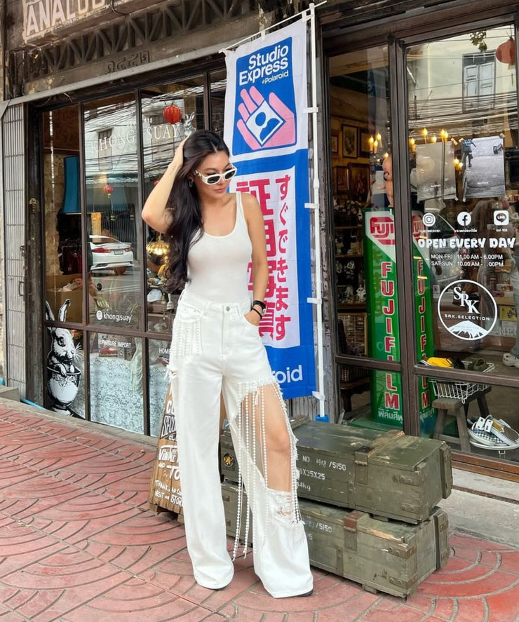 Trendy White Pearl Detailed Wide-Leg Pants for Women