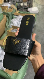 Prada Black Croc-Embossed Slides