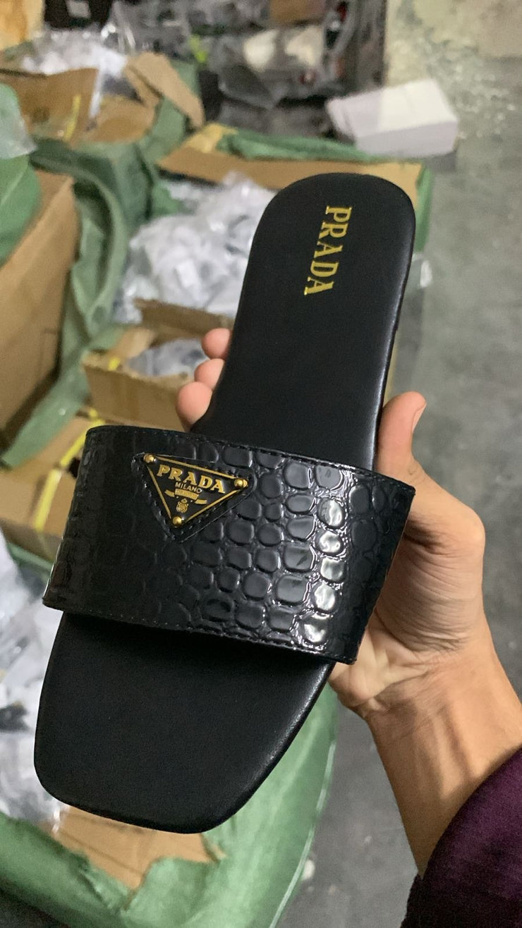 Prada Black Croc-Embossed Slides