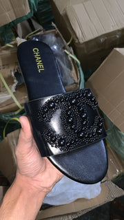 Chanel Black Beaded CC Logo Slide Sandals