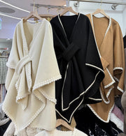 Women’s Winter Woolen Poncho Shawl With Lace Border