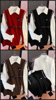 Ivy Luxury 3 pc Pullover Set ( Shirt + Sweater + Belt )