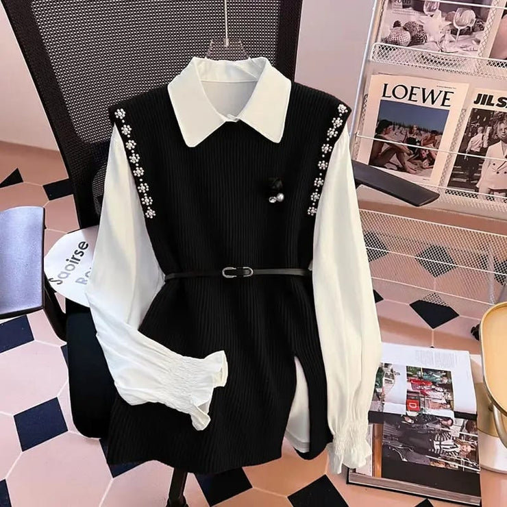 Ivy Luxury 3 pc Pullover Set ( Shirt + Sweater + Belt )