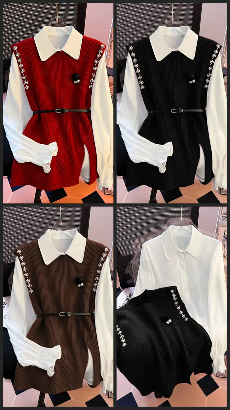 Ivy Luxury 3 pc Pullover Set ( Shirt + Sweater + Belt )