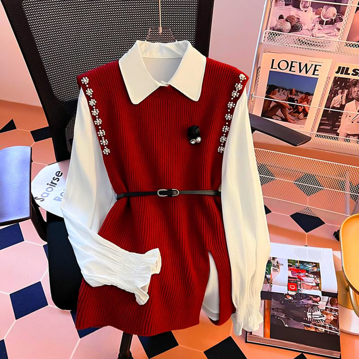 Ivy Luxury 3 pc Pullover Set ( Shirt + Sweater + Belt )