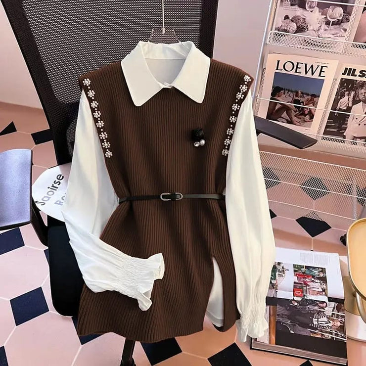 Ivy Luxury 3 pc Pullover Set ( Shirt + Sweater + Belt )