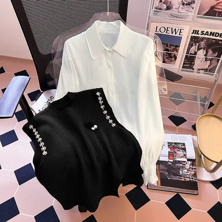 Ivy Luxury 3 pc Pullover Set ( Shirt + Sweater + Belt )