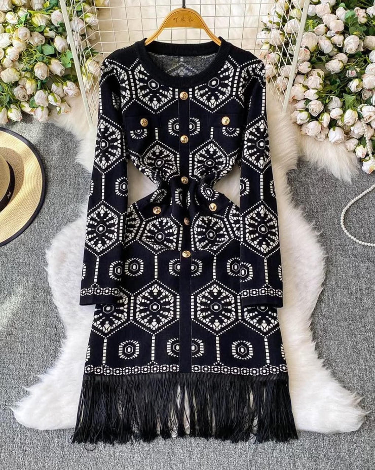 Geometric Pattern Long Knitted Cardigan