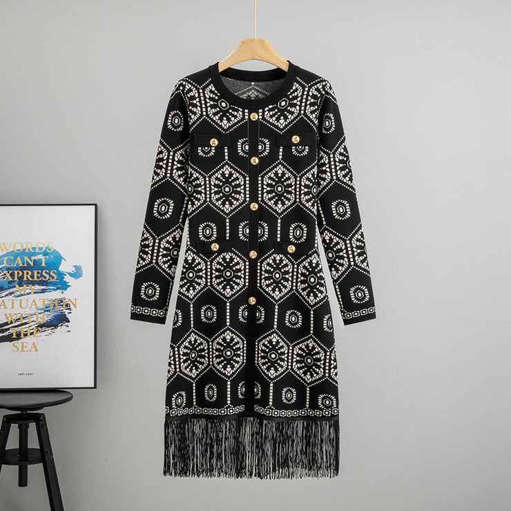 Geometric Pattern Long Knitted Cardigan