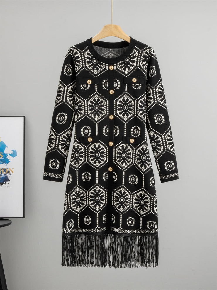 Geometric Pattern Long Knitted Cardigan