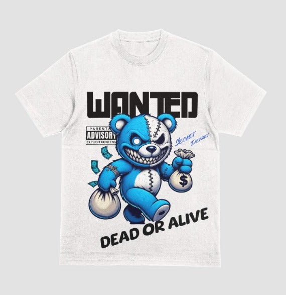 Wanted Dead or Alive T-Shirt – Savage Blue Teddy Graphic Tee - White
