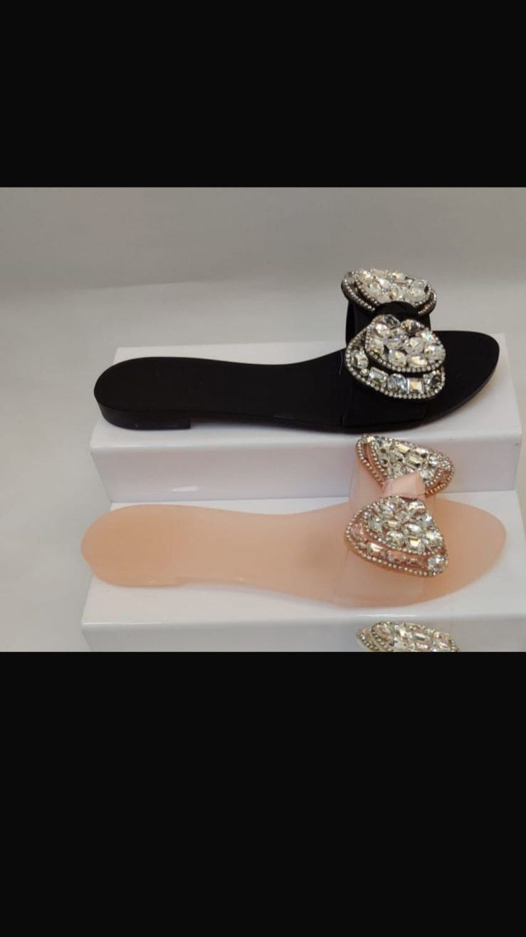 Luxury Crystal Heart Slide Sandals - Black
