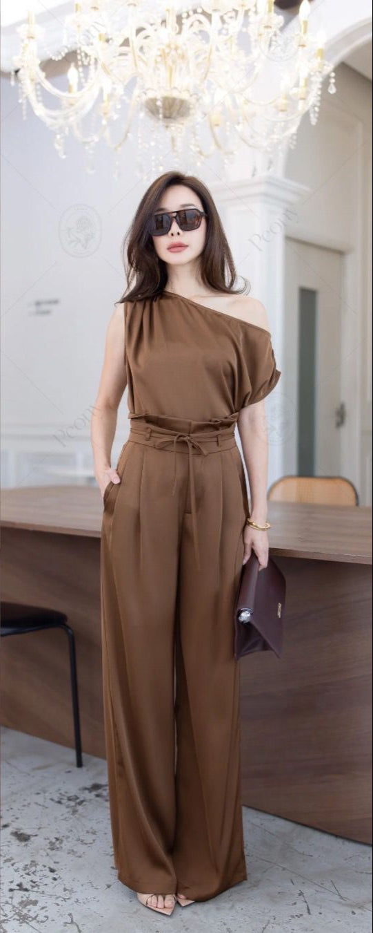 Women’s One-Shoulder Belted Wide-Leg Jumpsuit - Brown