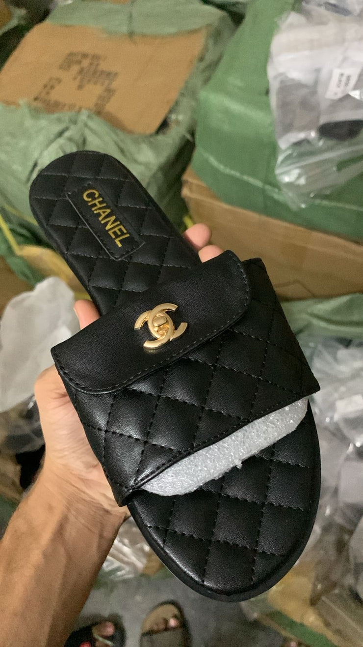 Chanel Quilted Slide Sandals  Black