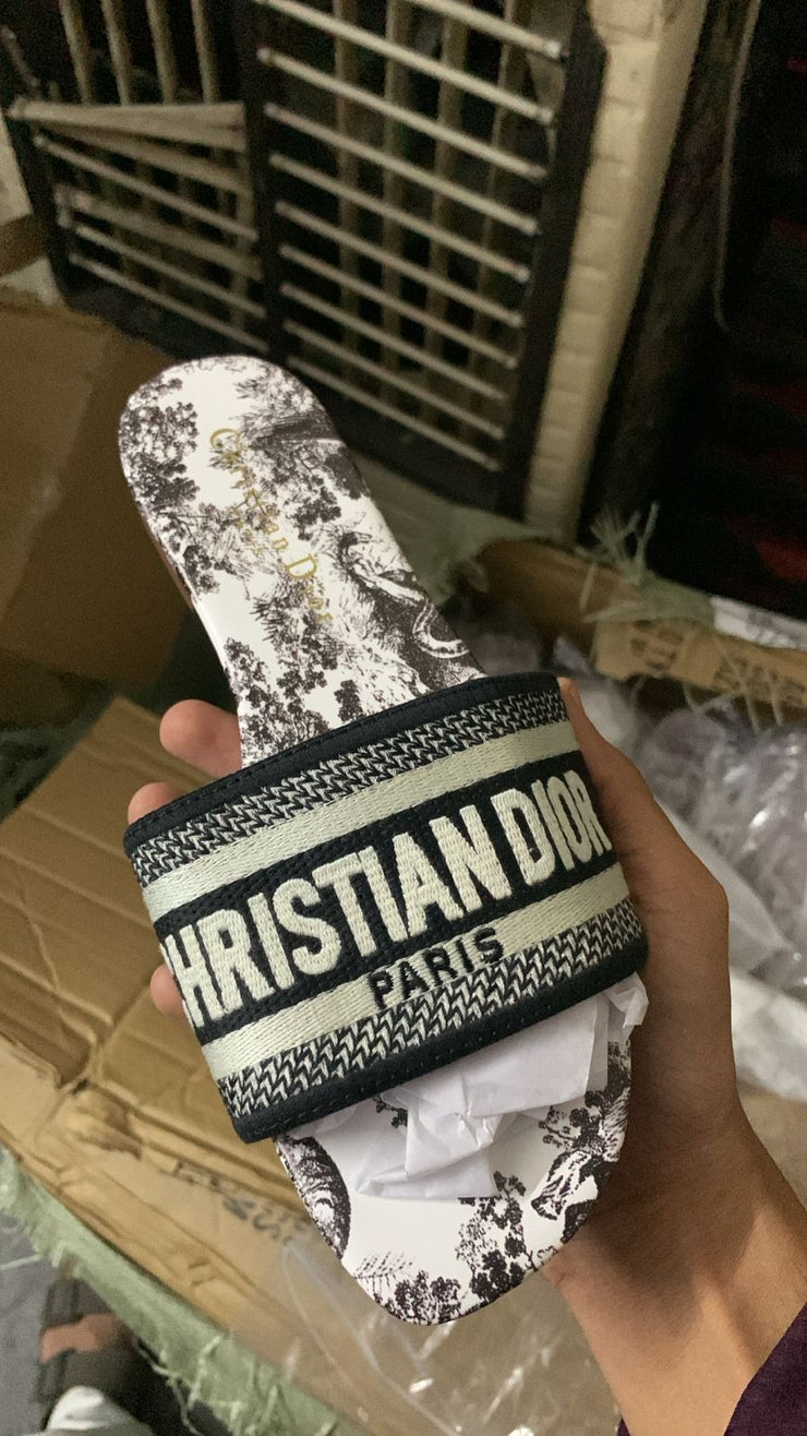 Christian Dior Paris Embroidered Slide Sandal Black White