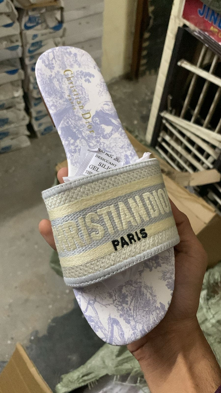 Christian Dior Paris Embroidered Slide Sandal  White Blue