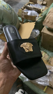 Versace-Inspired Black Sandals with Gold Medusa Head