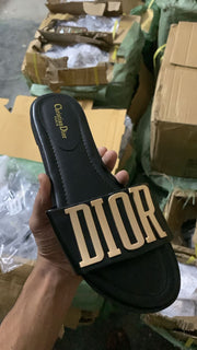 Dior-Inspired Black Sandals with Gold "DIOR" Logo