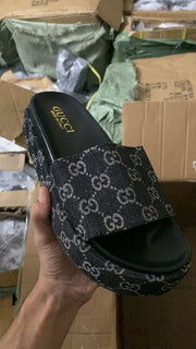 Gucci-Inspired Black Slides with GG Logo Strap