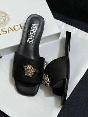 Versace-Inspired Black Sandals with Gold Medusa Head