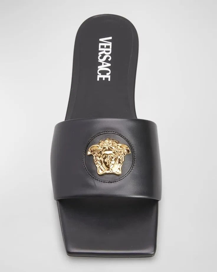 Versace-Inspired Black Sandals with Gold Medusa Head