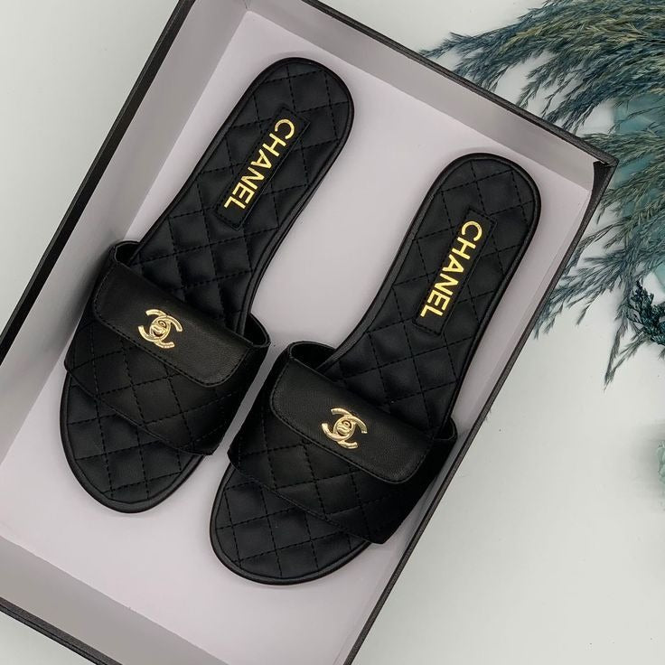 Chanel Quilted Slide Sandals  Black
