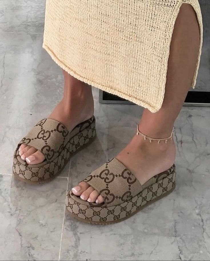 Gucci GG Monogram Platform Slides Beige
