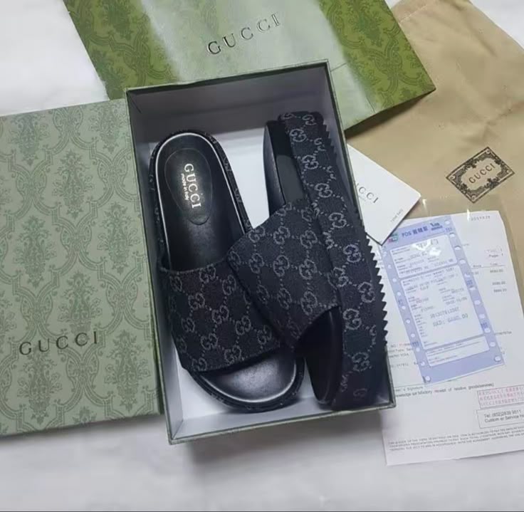 Gucci-Inspired Black Slides with GG Logo Strap