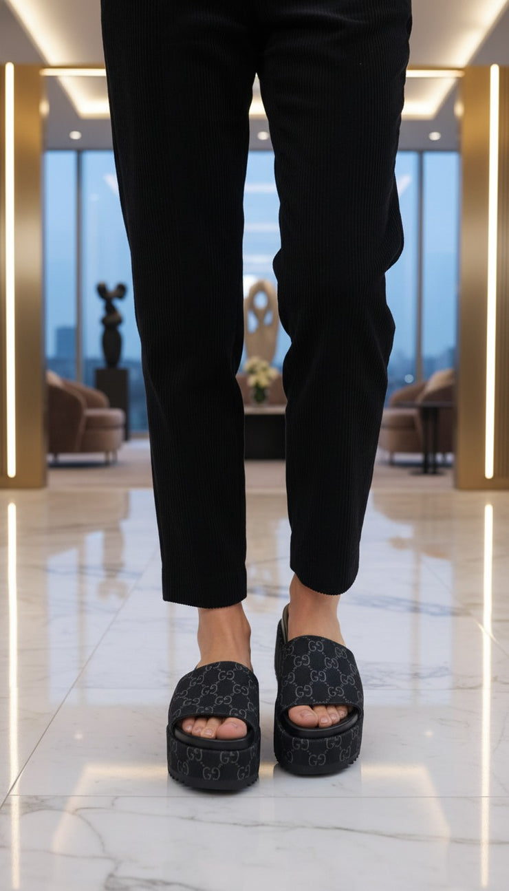 Gucci-Inspired Black Slides with GG Logo Strap