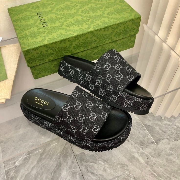 Gucci-Inspired Black Slides with GG Logo Strap