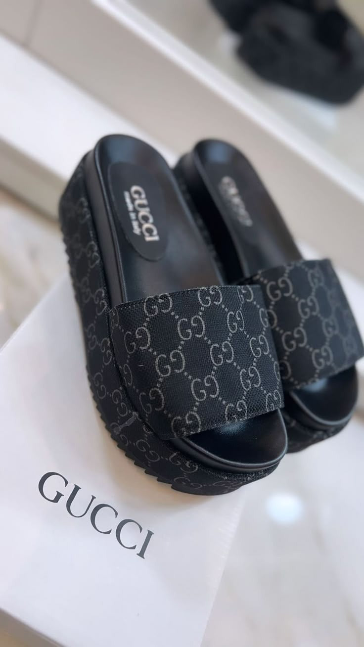 Gucci-Inspired Black Slides with GG Logo Strap