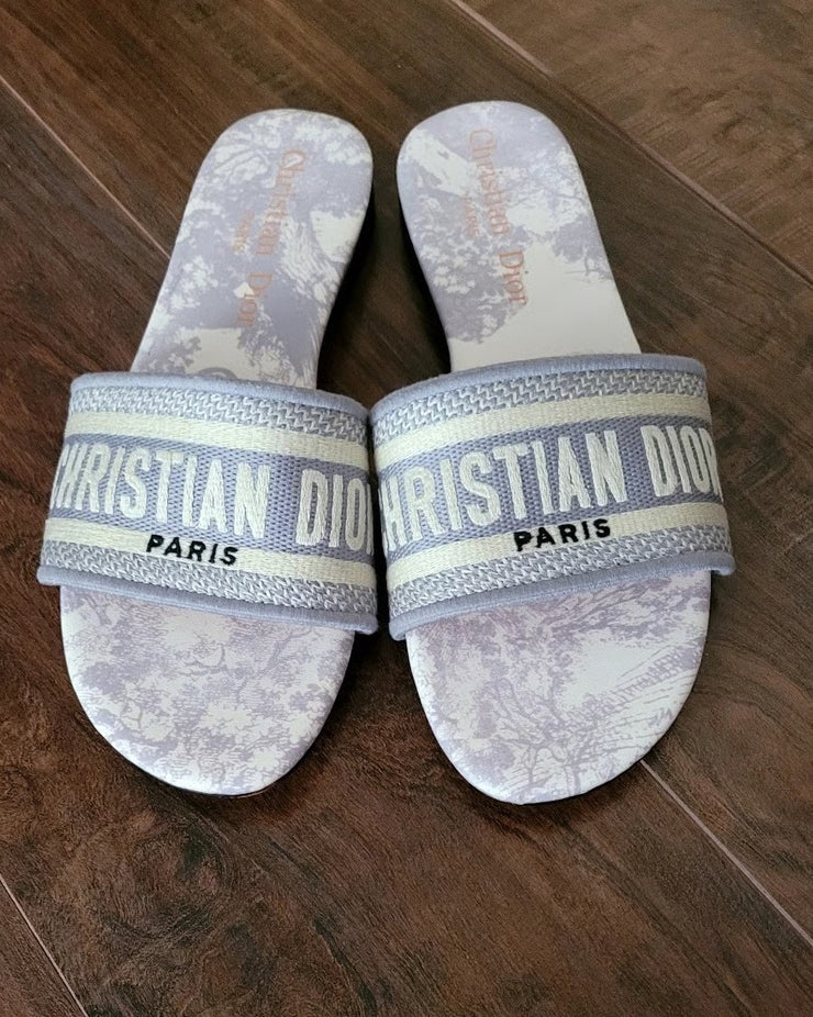 Christian Dior Paris Embroidered Slide Sandal  White Blue
