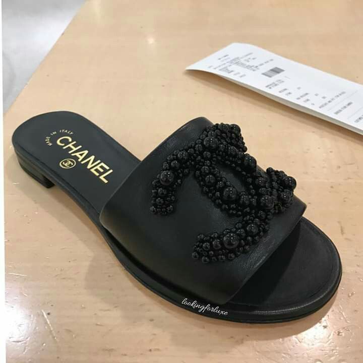 Chanel Black Beaded CC Logo Slide Sandals