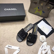 Chanel Black Beaded CC Logo Slide Sandals